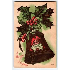 Santa Claus Christmas Postcard Saint Nicks Face Bell Holly Leaves Vintage 4703
